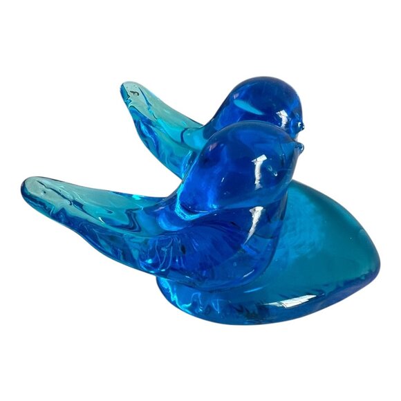 Vintage Hand Blown Art Glass Blue Birds On Heart Base Figurine 2.5" Tall - Picture 4 of 8